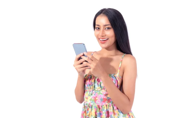 Mulher Asiática Bonita Bonito Menina Usando Telefone Inteligente Para Compras — Fotografia de Stock