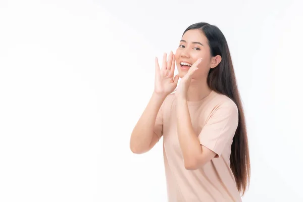 Vackra Asiatiska Företag Ung Kvinna Skriker Tillkännage Goda Nyheter Eller — Stockfoto