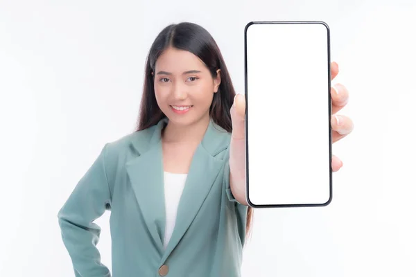 Beautiful Asian Young Woman Excited Surprised Girl Showing Smart Phone — Foto Stock