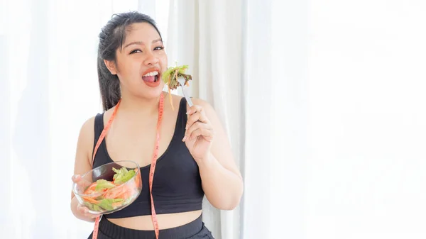 Overweight Asian Plump Female Fat Women Fat Girl Chubby Eating — Stock Photo, Image