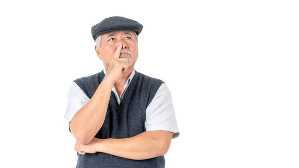 Портрет Азиатский Пожилой Человек Старик Серьезное Лицо Думая Изолированном Белом — стоковое фото