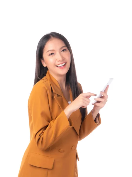 成功した美しいアジアのビジネスの若い女性は手で白い背景に隔離された幸せな保持お金米ドル札を記入し ビジネスの成功の概念 — ストック写真