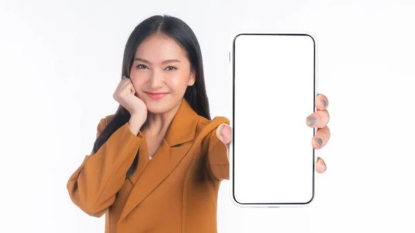 Beautiful Asian Young Woman Excited Surprised Girl Showing Smart Phone — Foto de Stock