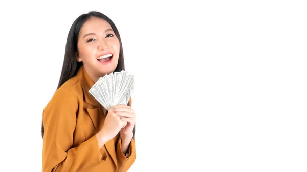 Successful Beautiful Asian Business Young Woman Fill Happy Holding Money — Foto de Stock