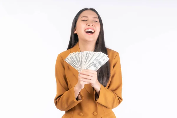 Successful Beautiful Asian Business Young Woman Holding Money Dollar Bills — Foto de Stock