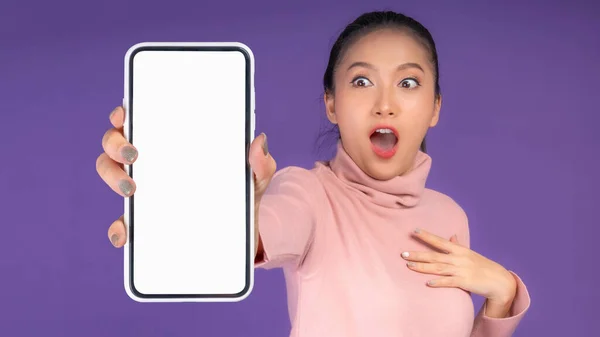 Beautiful Asian Young Woman Excited Surprised Girl Showing Smart Phone — Photo