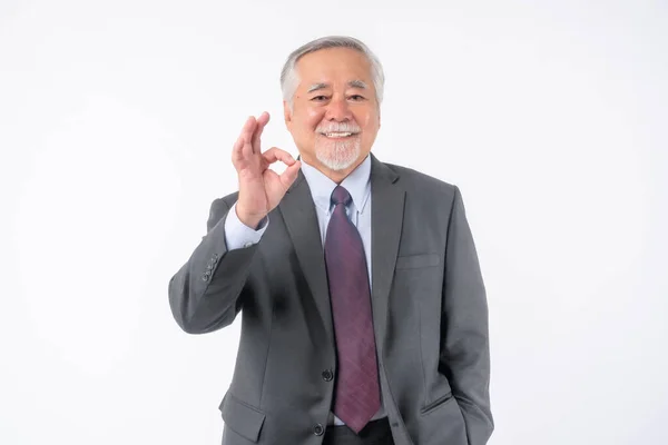 Asiatische Senior Geschäftsmann Alter Mann Mit Anzug Und Krawatte Zeigt — Stockfoto