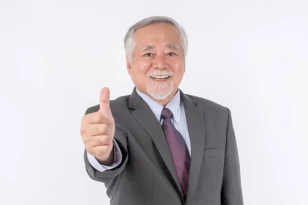Asian Senior Businessman Old Man Suit Giving Thumb Hand White — Stockfoto
