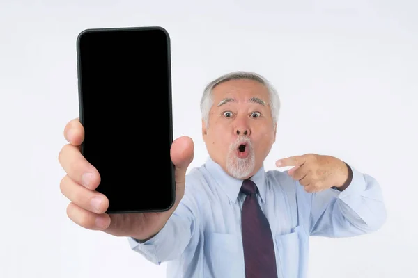 Asian Senior Businessman Old Man Suit Feel Happy Pointing Finger — Fotografia de Stock