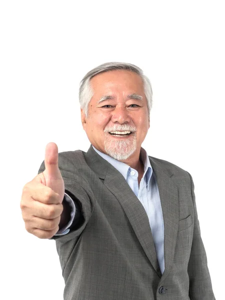 Azji Starszy Biznesmen Stary Człowiek Garniturze Dając Kciuk Górę Strony — Zdjęcie stockowe
