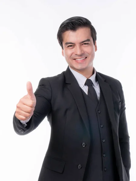 Portrait Working Asian Business Handsome Man Ware Suit Giving Thumb — Stok fotoğraf