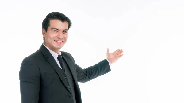 Asyalı Adamı Portresi Mutlulukla Dolu Bir Giysi Boş Eline Fotokopi — Stok fotoğraf