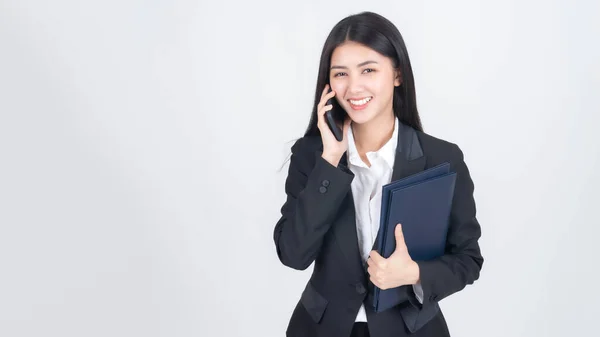 Mujer Negocios Hermosa Chica Asiática Whit Suit Usando Compras Teléfonos — Foto de Stock