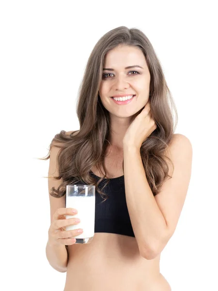 Schönheit Frau Niedliche Mädchen Fühlen Sich Glücklich Milch Trinken Für — Stockfoto