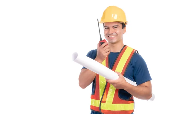 Portrait Young Architect Man Engineering Yellow Helmet Holding Megaphone Tablet Stock Image