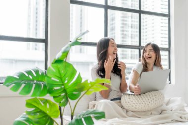 Birbirini seven LGBT çiftli iki Asyalı kadın birlikte gülüyor ve güzel vakit geçiriyorlar rahat bir yatakta, dizüstü bilgisayarlı, modern, parlak iç mekanlı büyük pencereli ve yeşil canavar bitkileriyle.