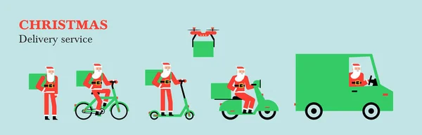 Servicio Entrega Navidad Regalos Santa Deliver Camión Dron Scooter Eléctrico — Vector de stock