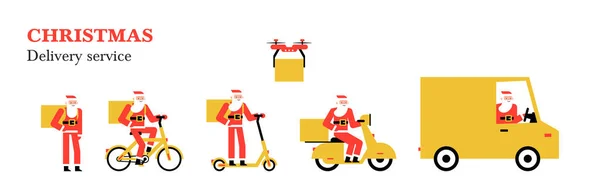 Servicio Entrega Navidad Regalos Santa Deliver Camión Dron Scooter Eléctrico — Vector de stock