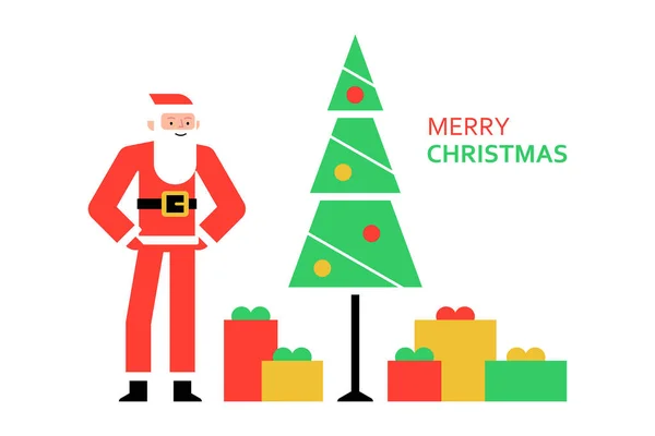 サンタクロースとメリークリスマスのコンセプト サンタクロースとクリスマスツリー フラットクリスマスイラスト — ストックベクタ
