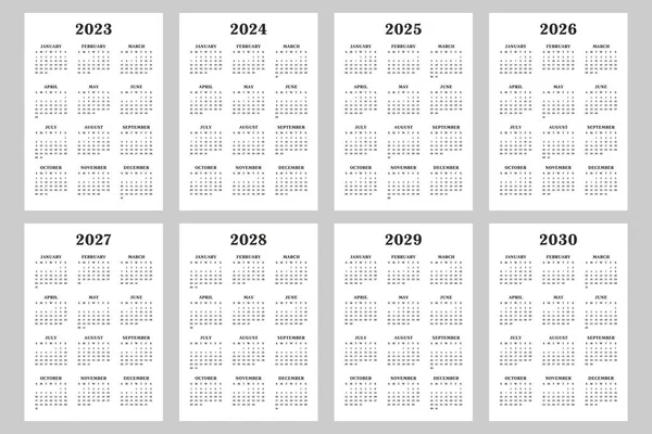 カレンダー2023年 2024年 2025年 2026年 2027年 2028年 2029年 2030年 白の背景に黒い文字 — ストックベクタ
