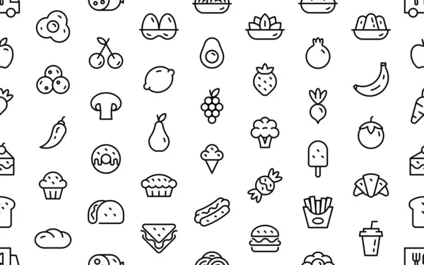 无缝图案与食物图标 包含餐 菜肴和水果图标 细线图标集 — 图库矢量图片