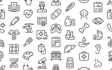 İlaç ve sağlık ikonlarıyla kusursuz desen. İnce çizgi simgesi seti. Taslak simge koleksiyonu. Vektör illüstrasyonu