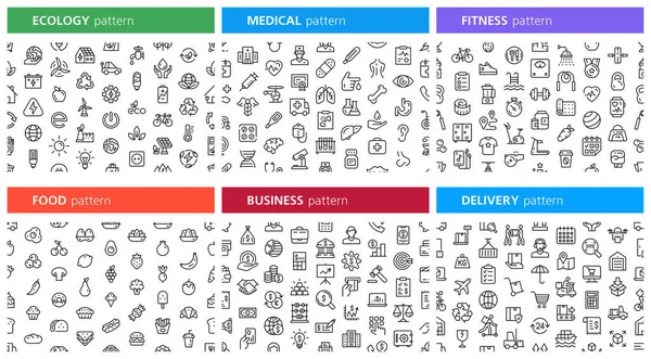Big Set Seamless Pattern Icons Ecology Medical Fitness Food Business Ilustración De Stock