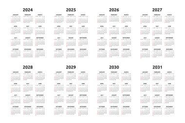 Takvim 2024, 2025, 2026, 2027, 2028, 2029, 2030, 2031, beyaz arka planda siyah harfler, Pazar günleri kırmızı işaretli, yıllar yan yana