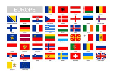 Avrupa bayrakları. Düz element tasarımı. Beyaz izole arkaplan