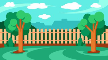 Bahar manzarası çizimi. Pankart, tebrik kartı ya da poster için arka plan. Güzel kırsal doğa. Düz biçim arkaplanı