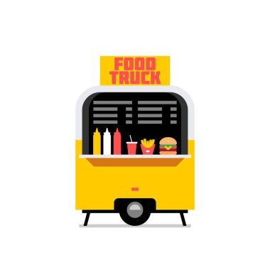 Yemek kamyonları. Fast food kamyonu şehir arabası. Sokak yemeği kamyonu. Yan görünüm