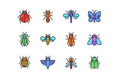 Böcek simgeleri. Doğrusal stil. Modern vektör illüstrasyonu