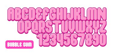 Balonlu sakız yazı tipi, alfabe, harfler ve sayılar. düz biçim