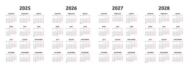 Takvim 2025, 2026, 2027, 2028. Önce pazartesi, iki hafta sonu. Basit bir takvim düzeni. 12 aylık masa planlama şablonu. Yıllık günlük