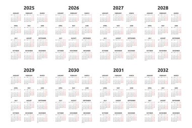 Takvim 2025, 2026, 2027, 2028, 2029, 2030, 2031, 2032. Önce pazartesi, iki hafta sonu. Basit bir takvim düzeni. 12 aylık masa planlama şablonu. Yıllık günlük