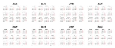 Takvim 2025, 2026, 2027, 2028, 2029, 2030, 2031, 2032. Önce pazartesi, iki hafta sonu. Basit bir takvim düzeni. 12 aylık masa planlama şablonu. Yıllık günlük