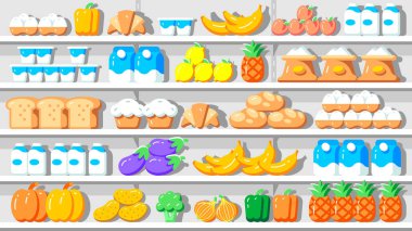 Süpermarketin içi. Market raflarında yiyecek var. Düz biçim