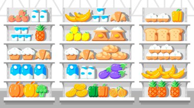 Süpermarketin içi. Market raflarında yiyecek var. Düz biçim