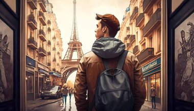 An illustration of a tourist in Paris with Eiffel Tower