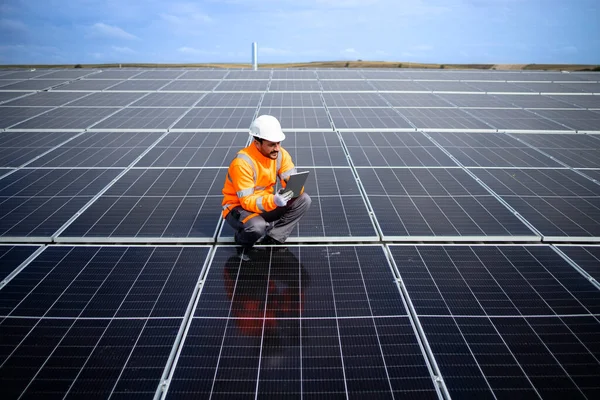 Antreprenorul Companiei Solare Verifică Funcționalitatea Panourilor Fotovoltaice Solare — Fotografie, imagine de stoc