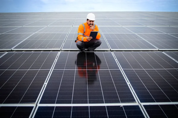 Antreprenorul Companiei Solare Verifică Funcționalitatea Panourilor Fotovoltaice Solare — Fotografie, imagine de stoc