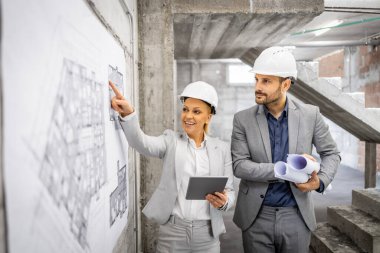 İnşaat müfettişleri inşaat sürecini kontrol etmek ve denetlemek için birlikte çalışıyorlar. Proje planına ve planına bakıyorum..