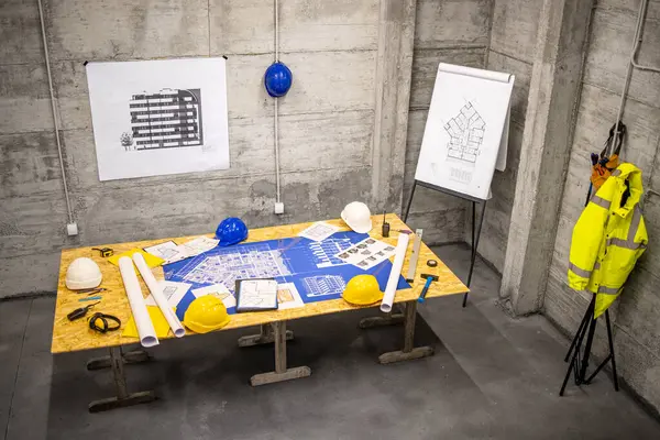 stock image Top view of construction site meeting place with desk and blueprints or plans.