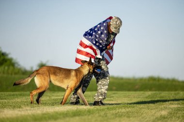 Amerikan bayrağı taşıyan ve eğitim kampında hizmet köpeğiyle oynayan bir asker..