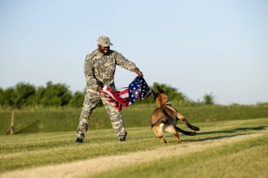 Amerikan bayrağı taşıyan ve kampta askeri köpekle oynayan bir asker..