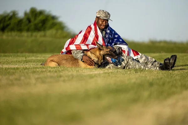 Proud on their country. Soldier covered with USA flag playing with military dog on grass.
