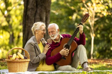 Piknikte aşık yaşlı çift sonbaharın tadını çıkarıyor ve gitarla dinleniyor..