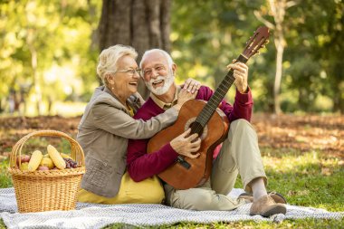 Piknikte aşık yaşlı çift sonbaharın tadını çıkarıyor ve gitarla dinleniyor..