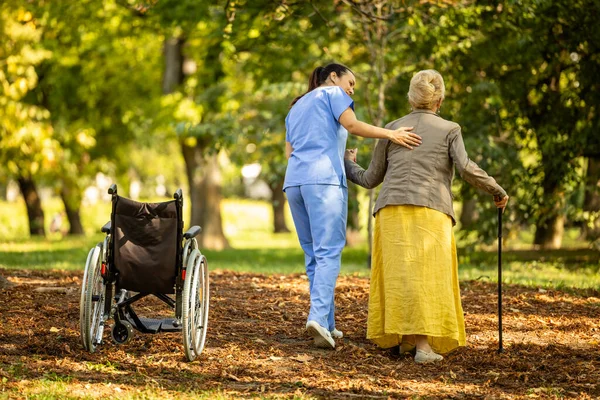 Nursing assistant taking care of elderly woman in wheelchair helping her to walk.
