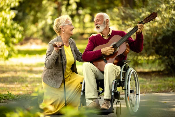 Senior Couple Love Happiness Elderly Man Wheelchair Playing Guitar His — Stock Photo, Image